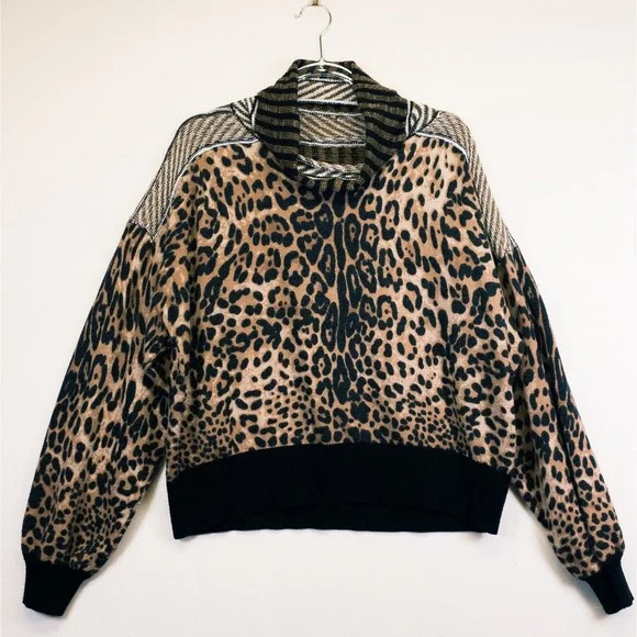 Gimmicks Sweater Womens L Brown Leopard Print Mixed Media Boho Indie Mob Wife - Picture 12 of 16